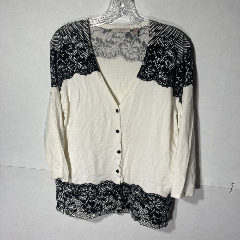 ROZ & ALI white black lace print v-neck 3/4 sleeve button up cardigan sweater L